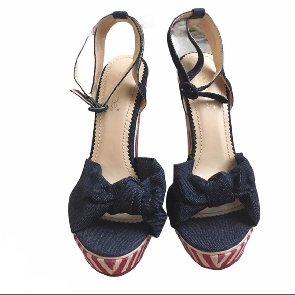 Denim Stripped Heels Peep Toe Sz.8 - Picture 2 of 7